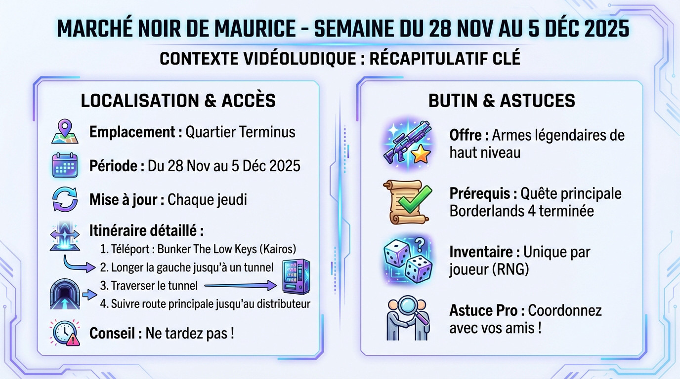 <strong>Marché Noir de Maurice dans Borderlands 4</strong>« >
</p>
<h3>Emplacement et itinéraire pour la semaine du 28 novembre au 5 décembre 2025</h3>
<p>
Vous cherchez le distributeur ? <strong>Il s&rsquo;est planqué dans le Quartier Terminus</strong>. Il change de crèmerie chaque jeudi après la mise à jour mineure, alors ne perdez pas de temps.
</p>
<p>
Pour l&rsquo;itinéraire : téléportez-vous au « Bunker de The Low Keys » sur Kairos. Une fois dehors, longez la gauche jusqu&rsquo;au tunnel. Traversez-le, puis suivez la route principale qui <strong>mène droit à la salle du distributeur</strong>.
</p>
<p>
Rappelez-vous, cet emplacement <strong>saute le 5 décembre 2025</strong>. Le chrono tourne, ne traînez pas.
</p>
<h3>Le butin du marché noir : à quoi s&rsquo;attendre</h3>
<p>
Cette machine est idéale pour <strong>récupérer des armes légendaires sans farm excessif</strong>. La seule condition stricte ? Avoir terminé la quête principale de Borderlands 4 pour y accéder.
</p>
<p>
Le détail qui tue : <strong>l&rsquo;inventaire est unique à chaque joueur</strong>. Ce que je vois dans ma machine diffère de la vôtre. C&rsquo;est du RNG pur et simple.
</p>
<p>
Mon conseil de pro : coordonnez-vous avec des amis pour visiter leurs instances respectives. C&rsquo;est le <strong>meilleur moyen de mettre la main sur ce légendaire parfait</strong>.
</p>
<h2 id=