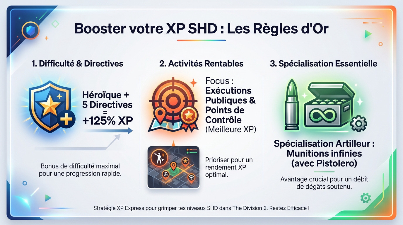 Stratégie farm XP The Division 2 directives héroïque et artilleur