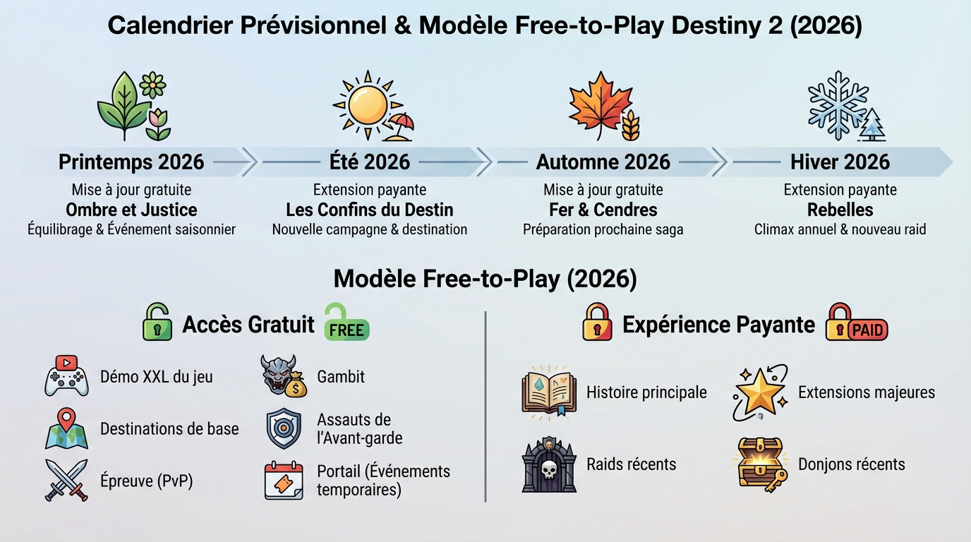 Calendrier des mises à jour et modèle free-to-play de Destiny 2 pour l'année 2026