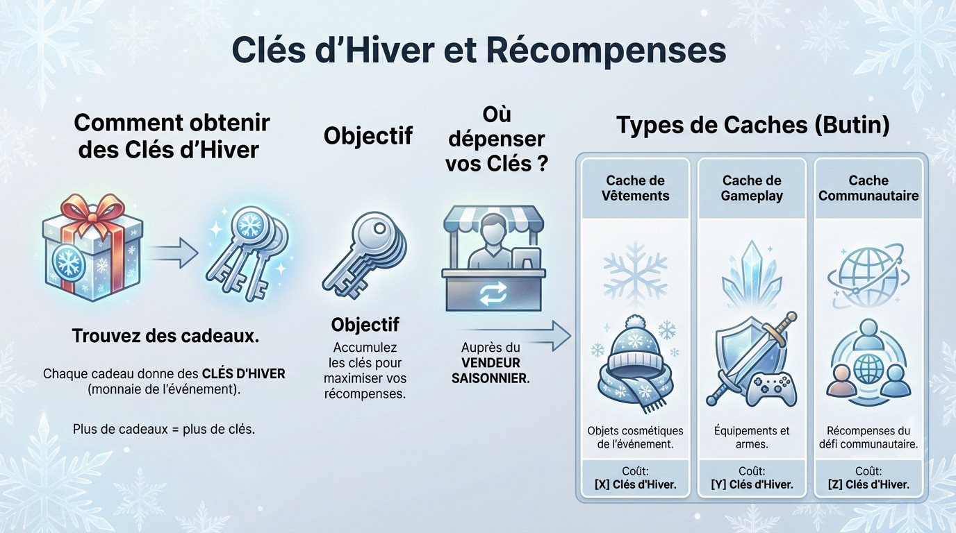 Agent de The Division 2 échangeant des clés d'hiver contre des caches de récompenses auprès du vendeur saisonnier