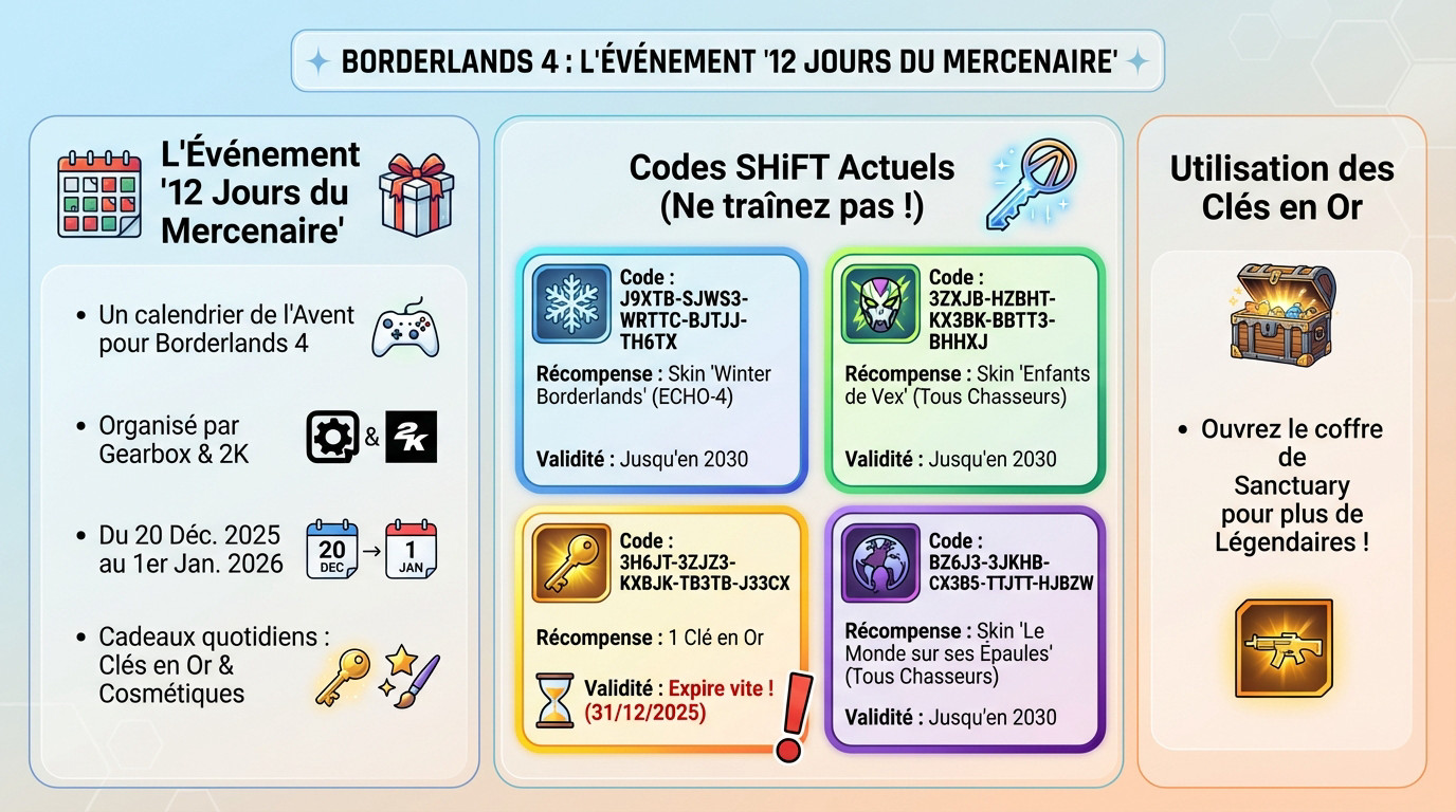 Infographie récapitulative des récompenses SHiFT pour l'événement Les 12 Jours du Mercenaire sur Borderlands 4