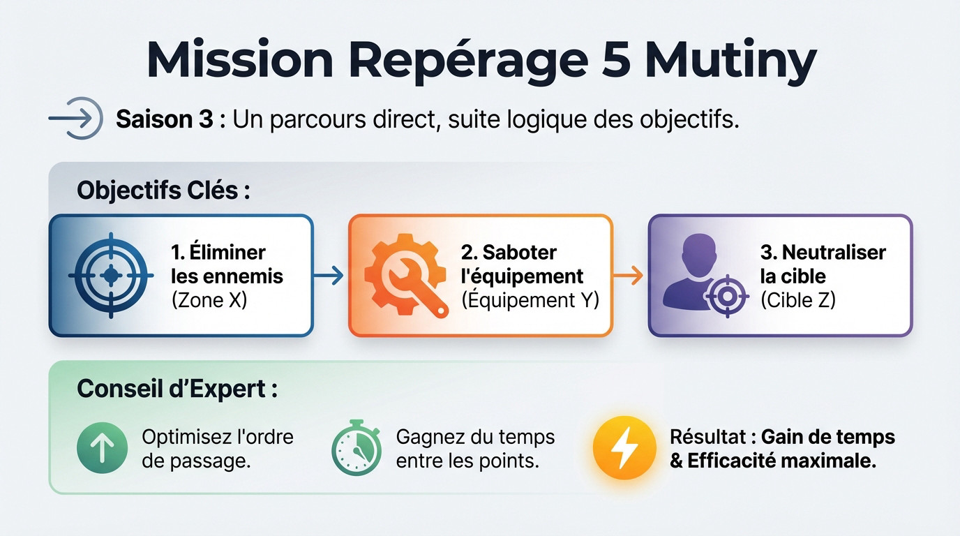 Infographie détaillant les objectifs de la mission de repérage 5 pour la saison Mutiny de The Division 2