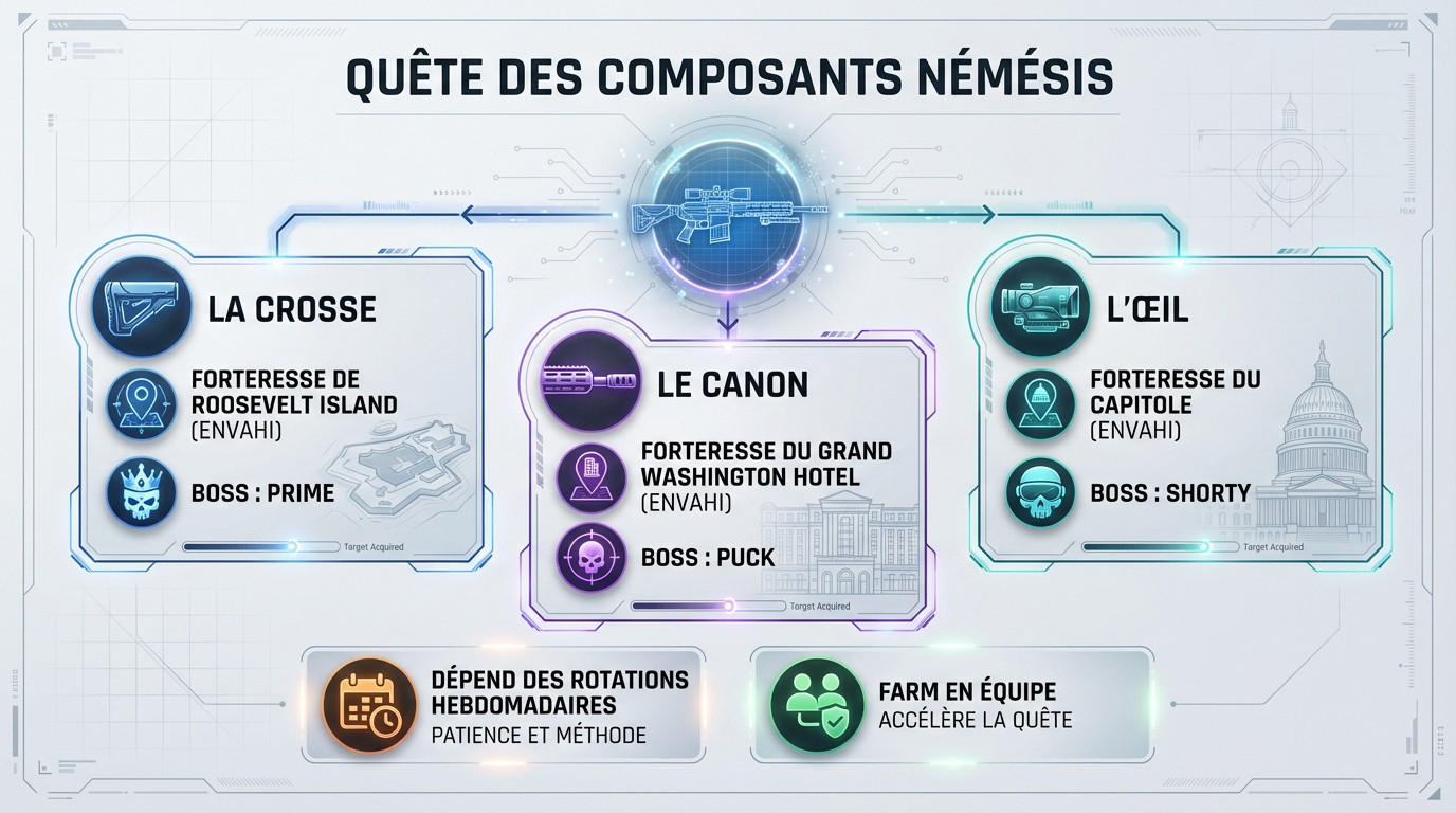 Infographie récapitulative pour obtenir les composants du Nemesis dans The Division 2