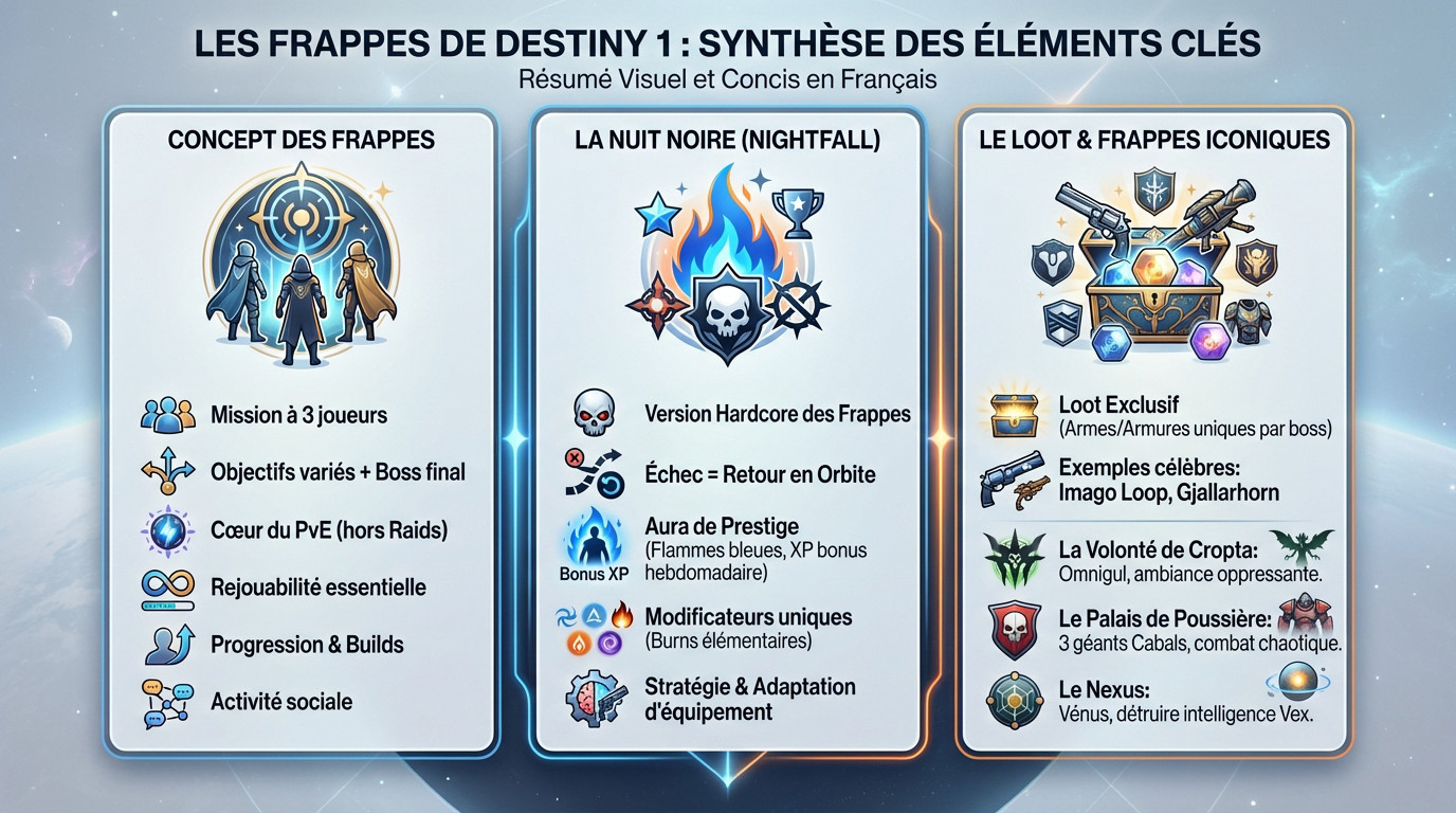 Synthèse visuelle des éléments clés des frappes de Destiny 1 : escouade de trois gardiens et butin exclusif