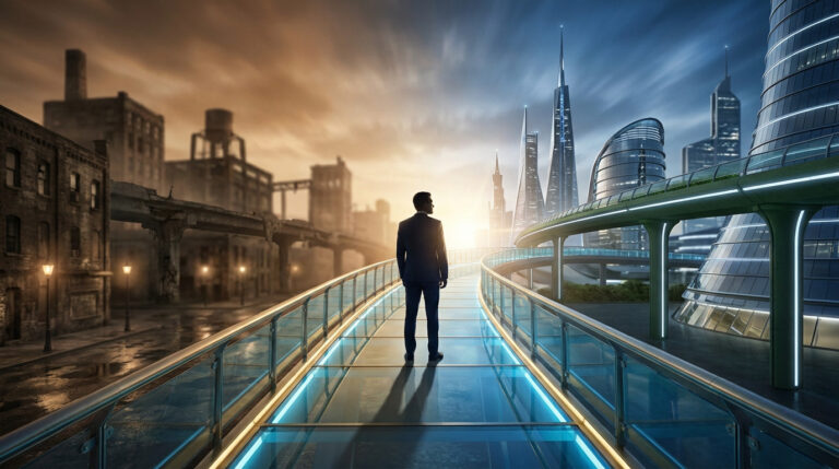 Silhouetted man on a glowing path, transitioning from a decaying past city to a vibrant, futuristic metropolis.