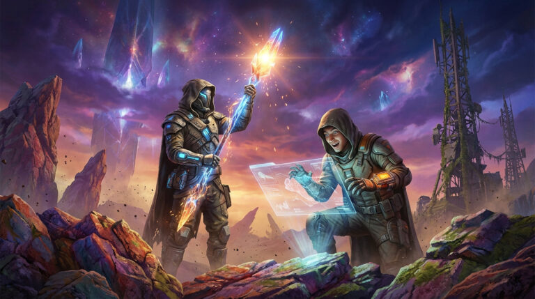 Cinematic image of two armored figures on a vibrant alien world. One holds a glowing weapon, the other views a holographic display excitedly.