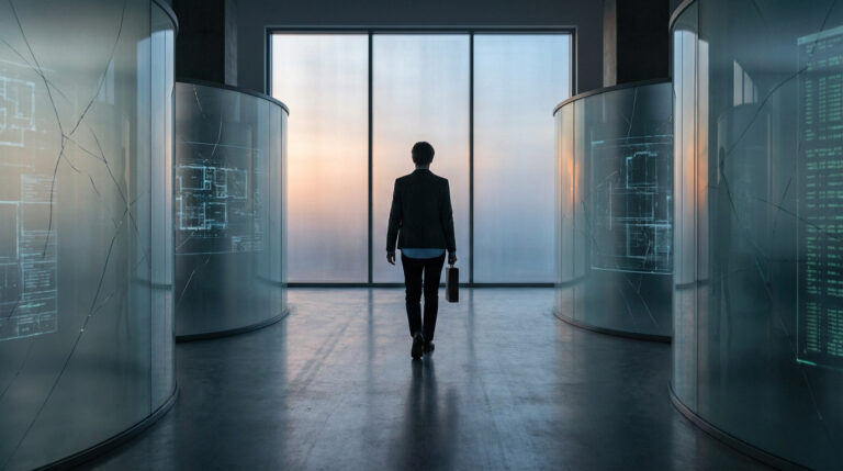 Individual from behind in a modern office with cracked holographic displays, walking towards a bright, blurred window. Cool tones.