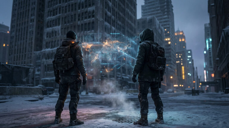 Two people in tactical winter gear gaze at a glowing blue-orange holographic world map in a desolate, snowy urban street.