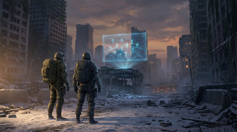 Two futuristic soldiers in tactical gear view a glowing holographic map in a vast, snow-dusted, ruined urban environment at twilight.