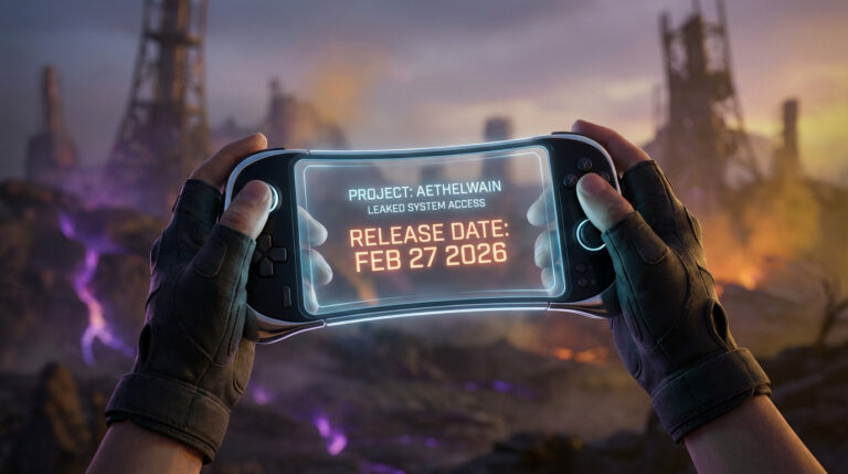 Gloved hands hold a sleek, futuristic gaming console displaying a holographic 'RELEASE DATE: FEB 27 2026' over a vibrant, blurred sci-fi landscape.