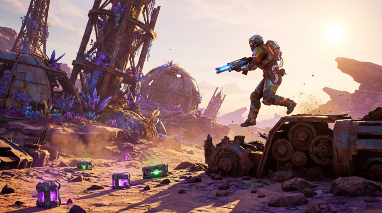 Lone armored figure mid-leap in a colorful post-apocalyptic desert, aiming a glowing sci-fi gun amidst alien plants and industrial ruins.