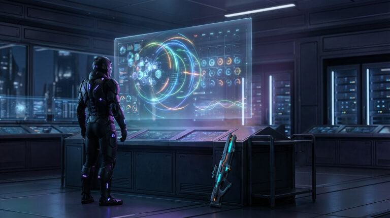 An armored figure observes a vibrant holographic display of dynamic data and a timeline in a futuristic control room, next to a glowing weapon.