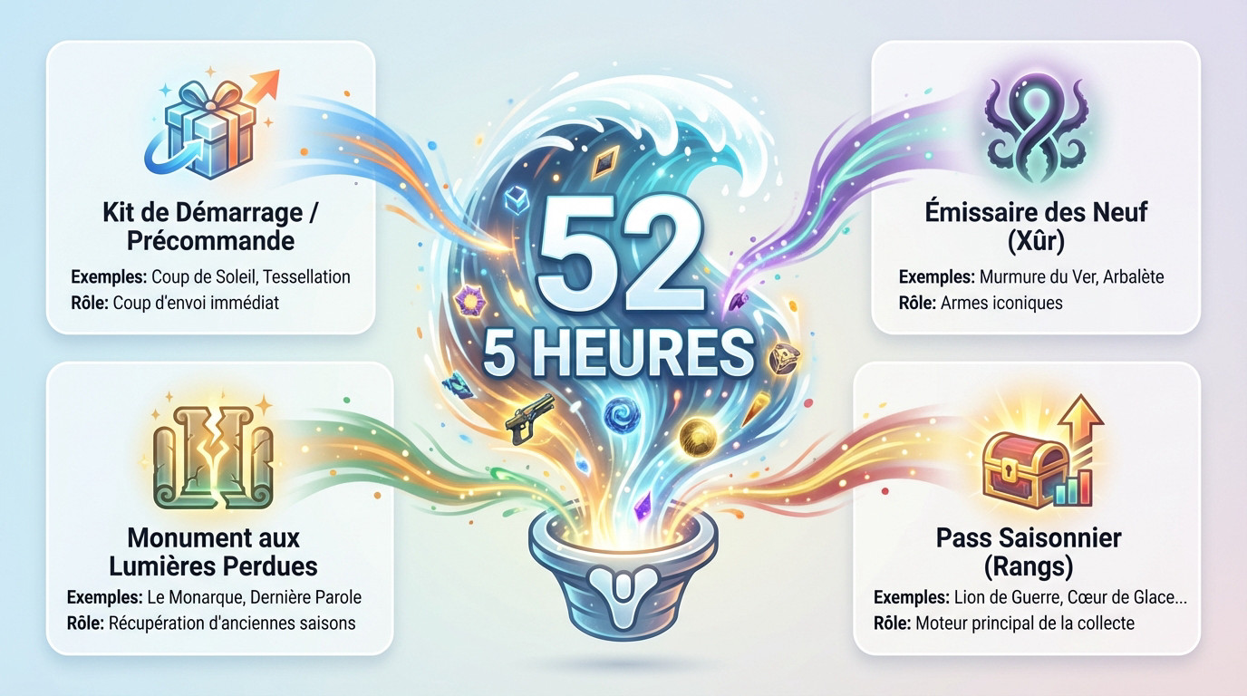 Infographie détaillant la collecte record de 52 objets exotiques en seulement 5 heures sur Destiny 2