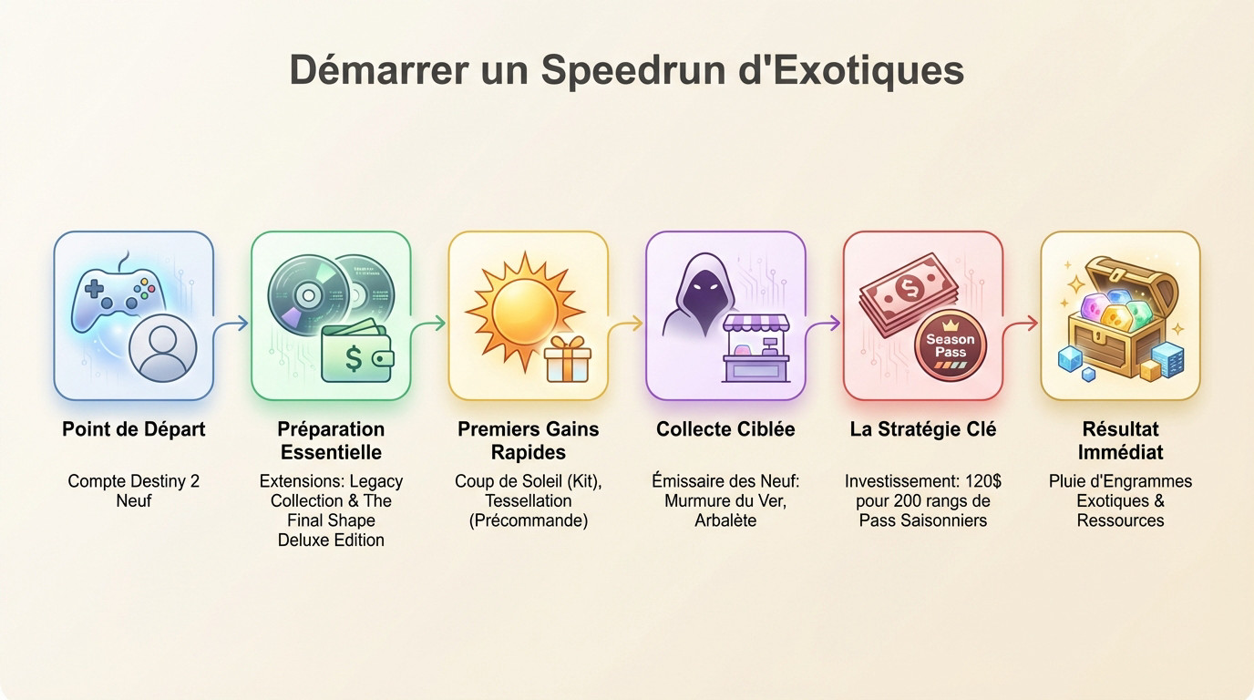 Infographie détaillant les étapes clés pour démarrer un speedrun d'exotiques sur Destiny 2