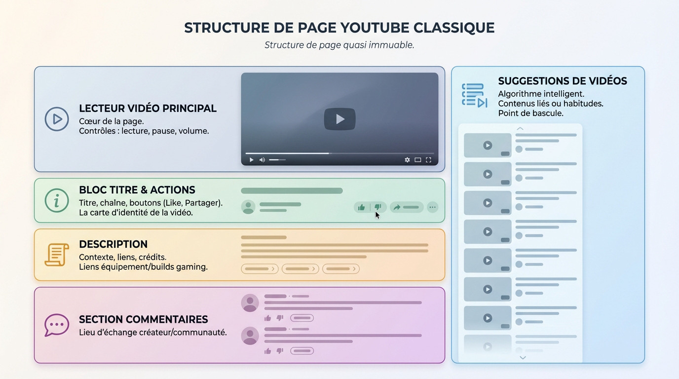 Schéma de la structure immuable d'une page vidéo YouTube standard
