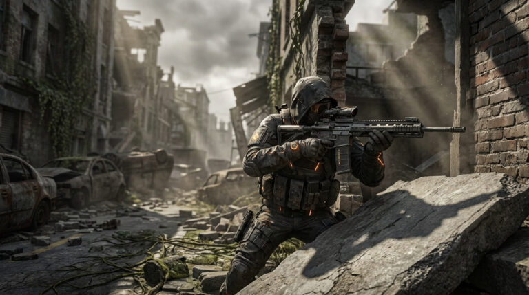 A lone operative in dark tactical gear with orange accents crouches, aiming a high-tech rifle in a ruined, overgrown city street under dramatic light.