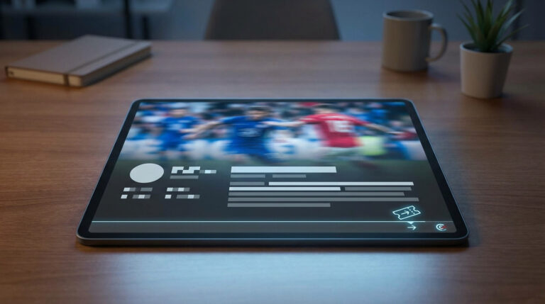 Tablet showing blurred sports, abstract UI, premium/copyright icons, on a glowing desk with out-of-focus notebook and mug.