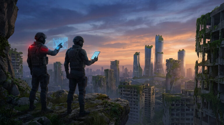 Two figures in tactical gear survey a dawn city blending overgrown ruins with futuristic towers, using a wrist hologram and tablet.