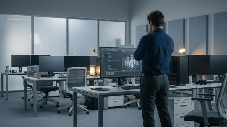 Developer contemplates code and 3D model in a quiet, modern game studio with empty desks, hinting at strategic change.