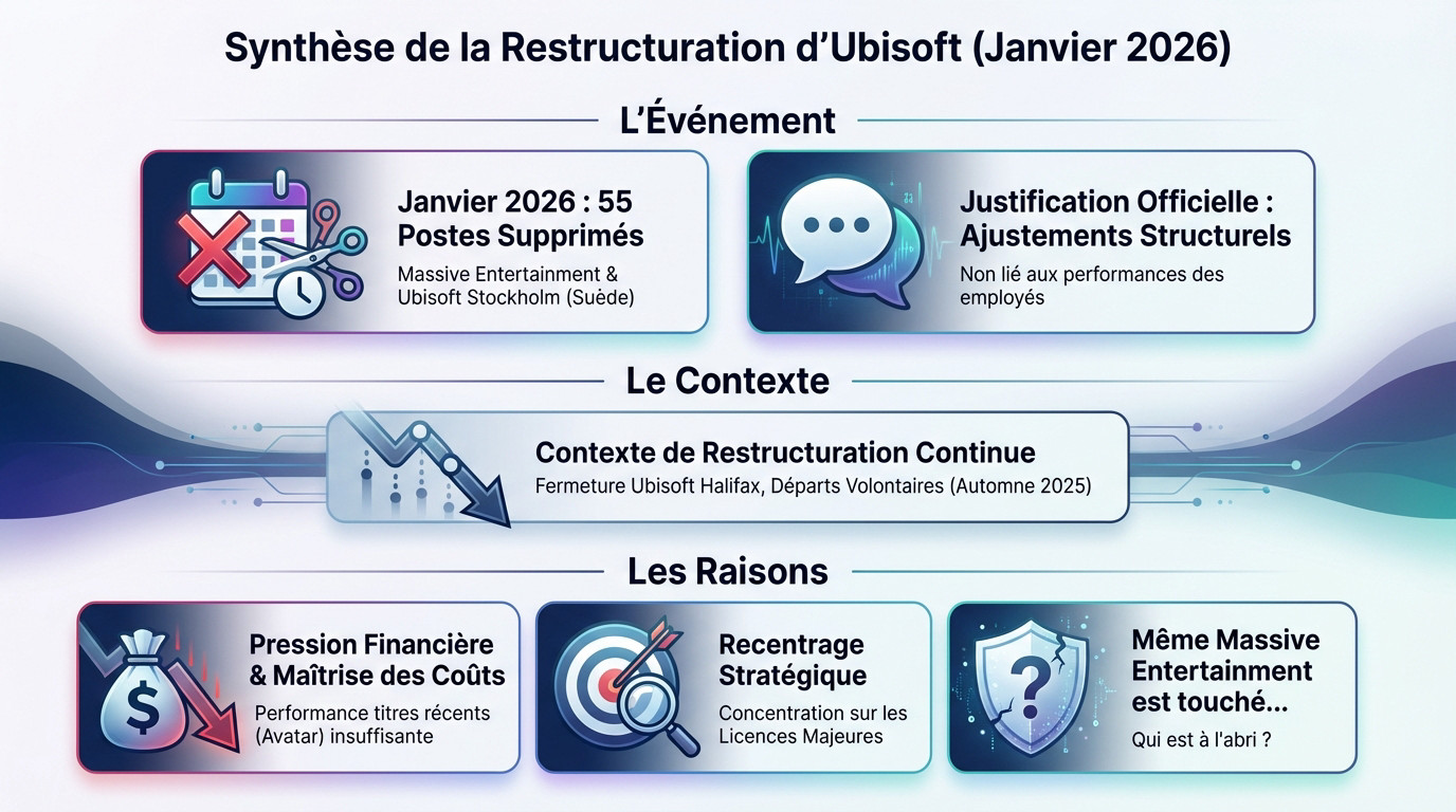 Graphique illustrant la restructuration d'Ubisoft et les licenciements chez Massive Entertainment en janvier 2026