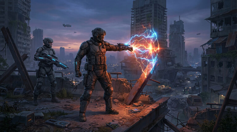 Two tactical operatives in a ruined futuristic city at dusk. One deploys a vibrant blue and orange energy skill, illuminating the scene.