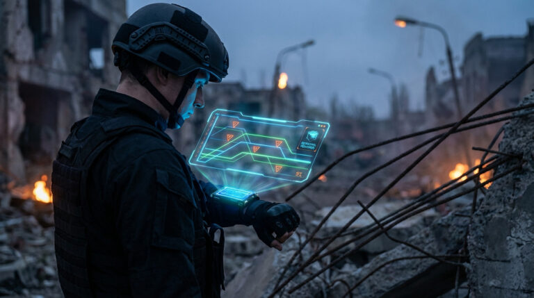 Person in tactical gear views a glowing holographic map in a ruined city at dusk, illuminated by the blue light of the display.