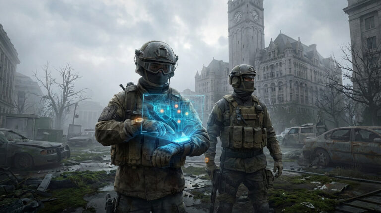 Two tactical figures in a desolate, post-apocalyptic city. One uses a wrist-mounted holographic map for strategic planning amidst urban decay.