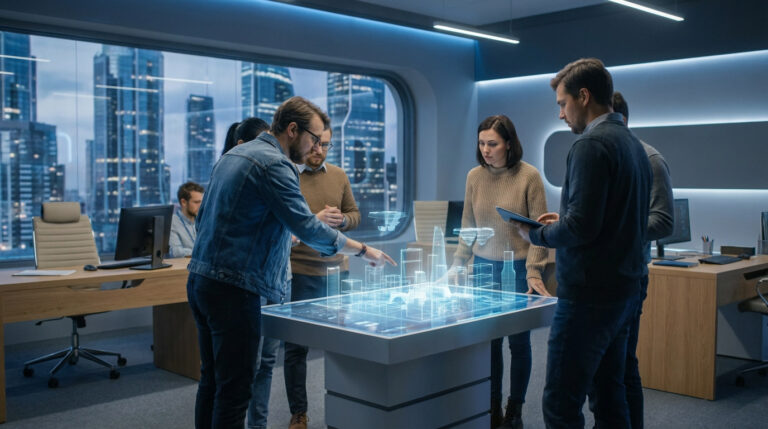 A diverse team collaborates around a holographic table displaying a futuristic city model in a sleek, modern studio with city views.