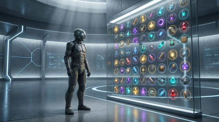 A futuristic armored figure gazes at a vast, glowing collection of colorful, high-tech artifacts in a sleek, minimalist vault.