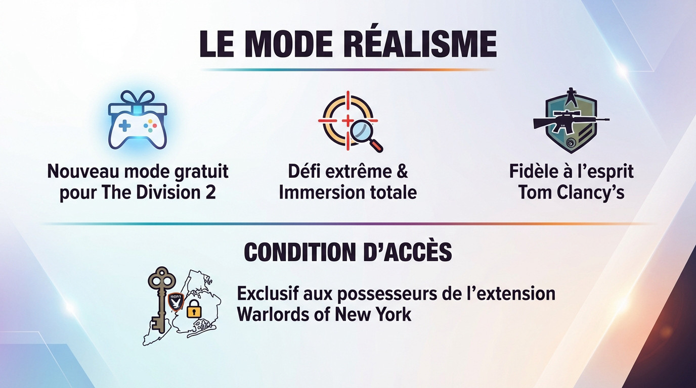 Agent de la Division évoluant dans le nouveau <strong>Mode Réalisme</strong> à difficulté extrême »></p>
<p>The Division 2 lâche bientôt le « Mode Réalisme », une nouveauté gratuite très attendue. Vous cherchez un défi extrême et une immersion totale façon Tom Clancy ? C&rsquo;est exactement ce qu&rsquo;il vous faut.</p>
<p>Il y a juste un détail. Le mode est <strong>exclusif aux possesseurs de l&rsquo;extension Warlords of New York</strong>.</p>
<h2 id=