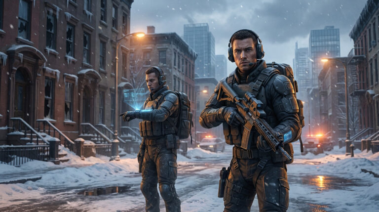 Two tactical operatives patrol a snowy, ruined city street at dusk, one with a rifle, the other viewing a holographic wrist display.