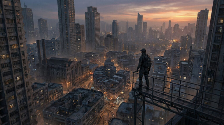 Wide-angle shot of a person in tactical gear on a rooftop, gazing at a sprawling, derelict city at dusk with dramatic lighting.
