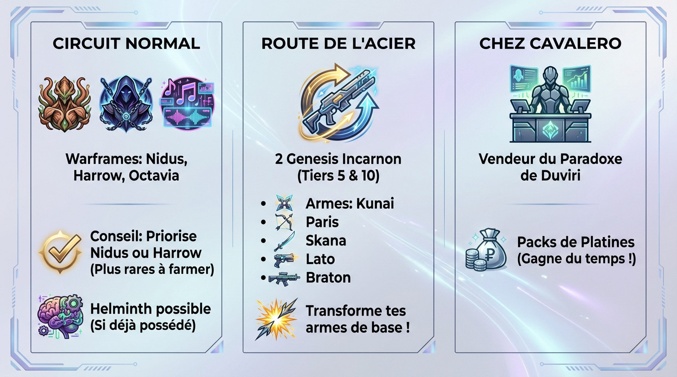 Warframe choix hebdomadaires du Circuit Duviri avec Nidus Harrow et Octavia