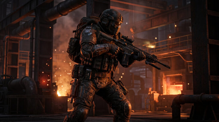 Soldat tactique en armure complète avec fusil d'assaut dans une usine sidérurgique en feu, étincelles et chaleur intense.