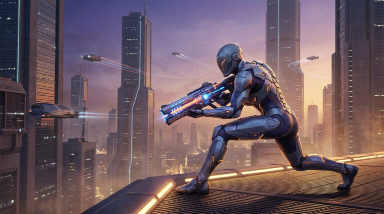 Un soldat futuriste armé sur un toit de ville high-tech au crépuscule. Des véhicules volants sillonnent le ciel. Image de jeu Marathon.