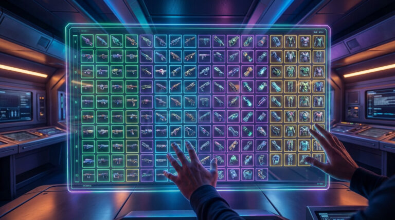 Hands interact with a glowing holographic display showing 138 exotic sci-fi weapons and armor in a futuristic control room.