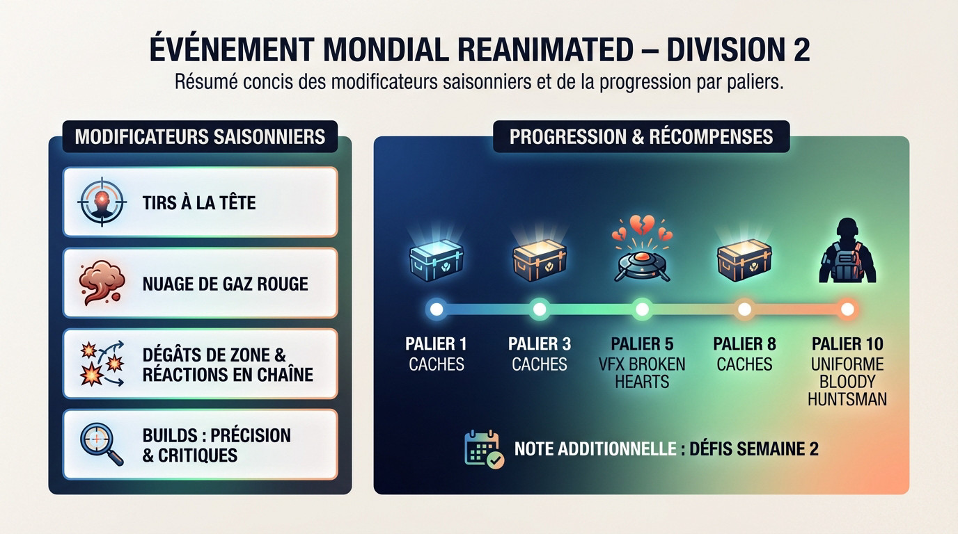 Infographie détaillant les récompenses et paliers de l'événement Reanimated dans The Division 2