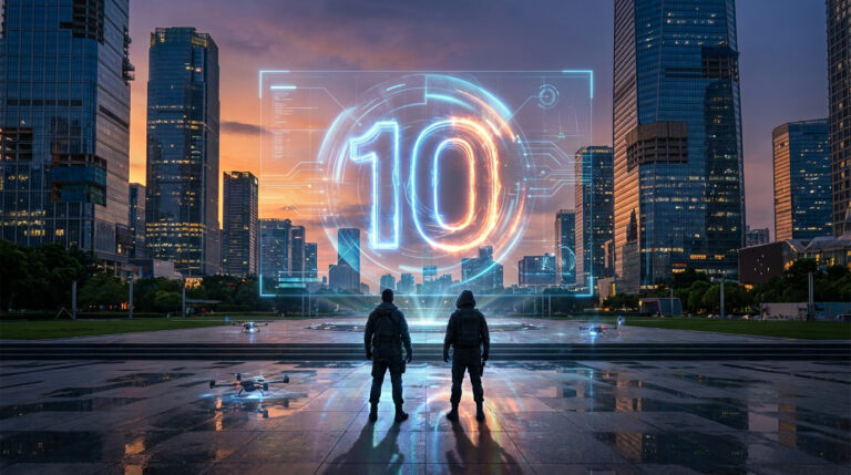 Vision du futur: deux personnes face à un "10" holographique en ville. Ciel crépusculaire, drones et reflets.