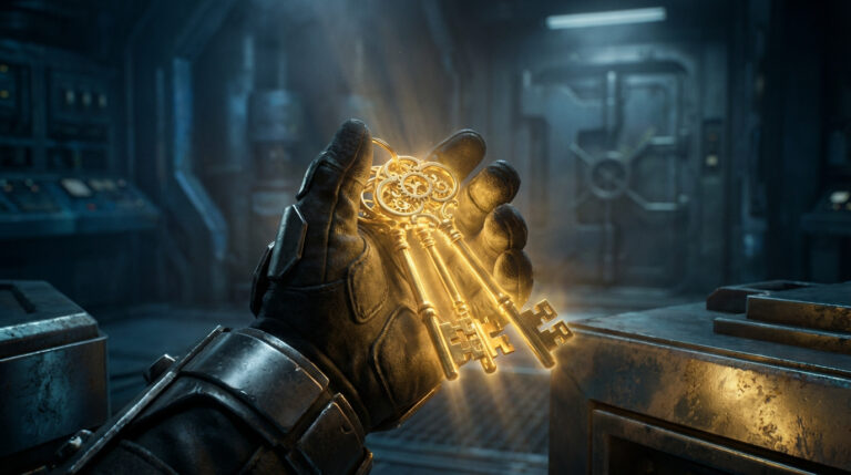 Une main gantée blindée tient trois clés d'or lumineuses dans un intérieur futuriste et sombre, rappelant Borderlands.