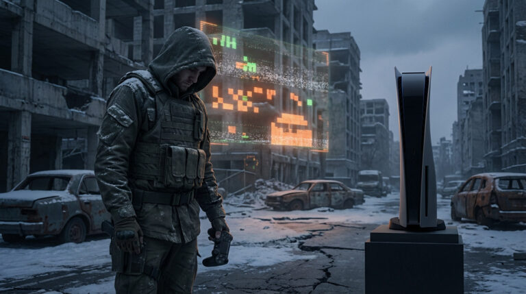 A person in tactical gear stands in a snowy, ruined city, holding a game controller. A pixelated hologram flickers near a dormant next-gen console.