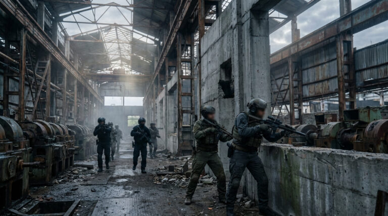 Une équipe tactique armée avance dans une fonderie industrielle en ruines, caractérisée par des machines rouillées et des structures métalliques. La lumière du soleil filtre à travers le toit endommagé.