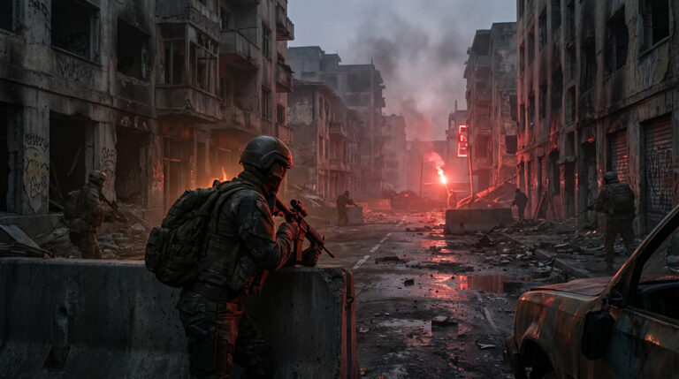 Soldiers patrol a ruined city street at dusk. A red flare casts dramatic light on debris and wet surfaces, creating a tense, mysterious scene.