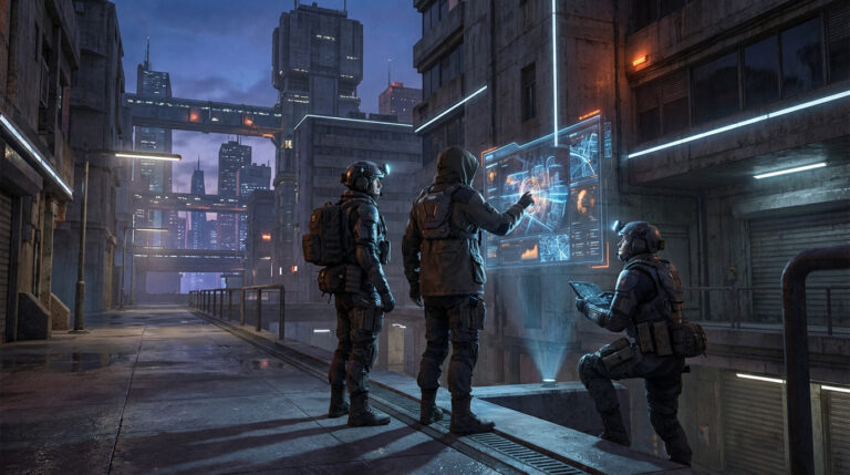 Trois agents de The Division consultent un écran holographique géant dans une rue humide d'une ville futuriste et sombre.