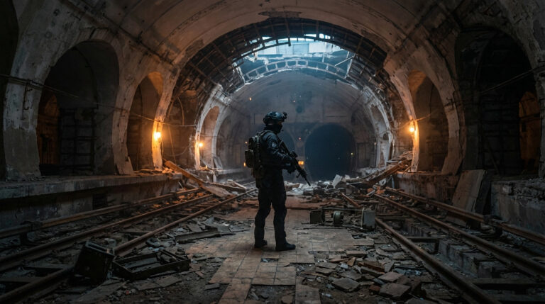 A tactical operator stands alert in a ruined, dimly lit metro station filled with debris and crumbling concrete.