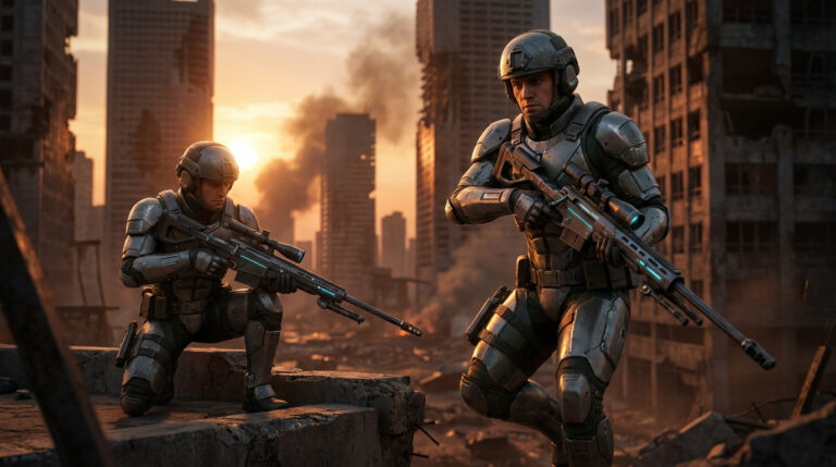 Two futuristic tactical operatives with glowing sniper rifles, poised in a ruined, post-apocalyptic city at dusk with dramatic orange light.