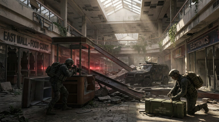 Two tactical operatives in a ruined East Mall. One observes, one secures a supply crate. Disabled armored vehicle, dramatic lighting.