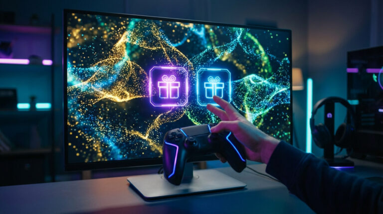 A hand with a glowing controller reaches towards a futuristic gaming screen displaying vibrant abstract particles and two glowing gift box icons in a dim, neon-lit gaming room.