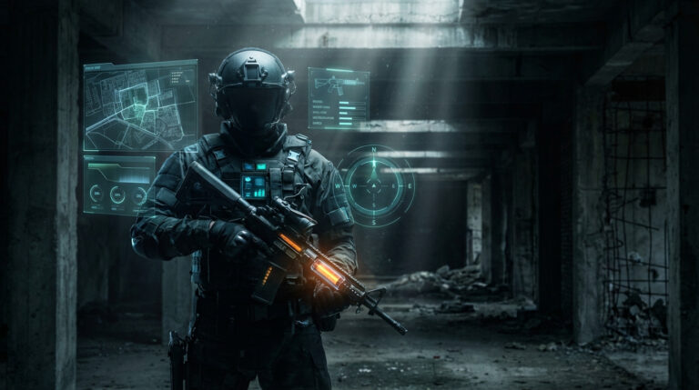 Agent futuriste avec fusil et interfaces holographiques (carte, stats, boussole) dans un environnement délabré, éclairé.