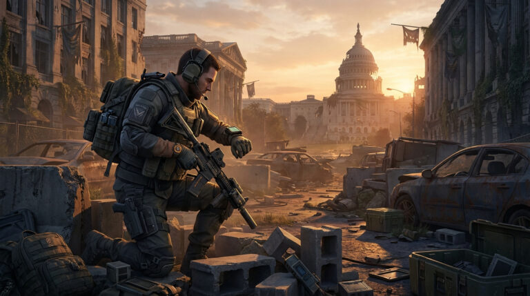 Un agent militaire à genoux dans un Washington D.C. post-apocalyptique au coucher du soleil, regardant sa montre, avec le Capitole en ruines.