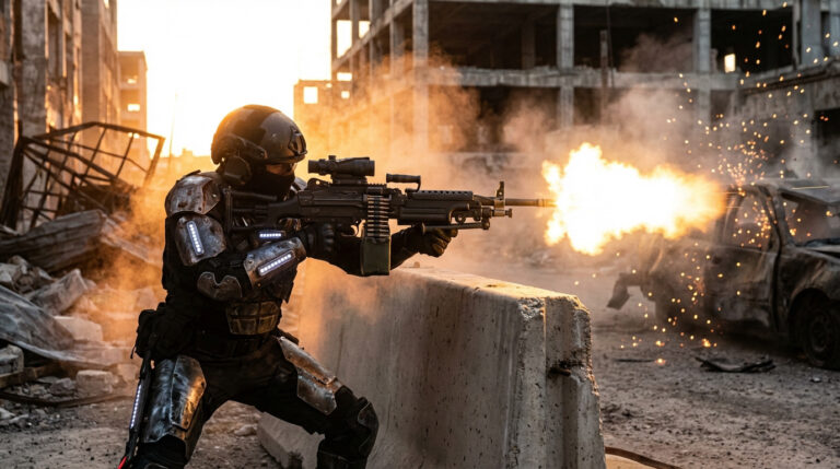 Soldat futuriste en armure tire une mitrailleuse lourde dans une ville en ruines. Flamme et étincelles visibles. Coucher de soleil.